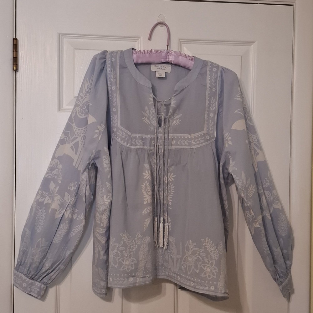 Calypso sz XL (fits like a large), boho chic, pale blue blouse, floral bird prin